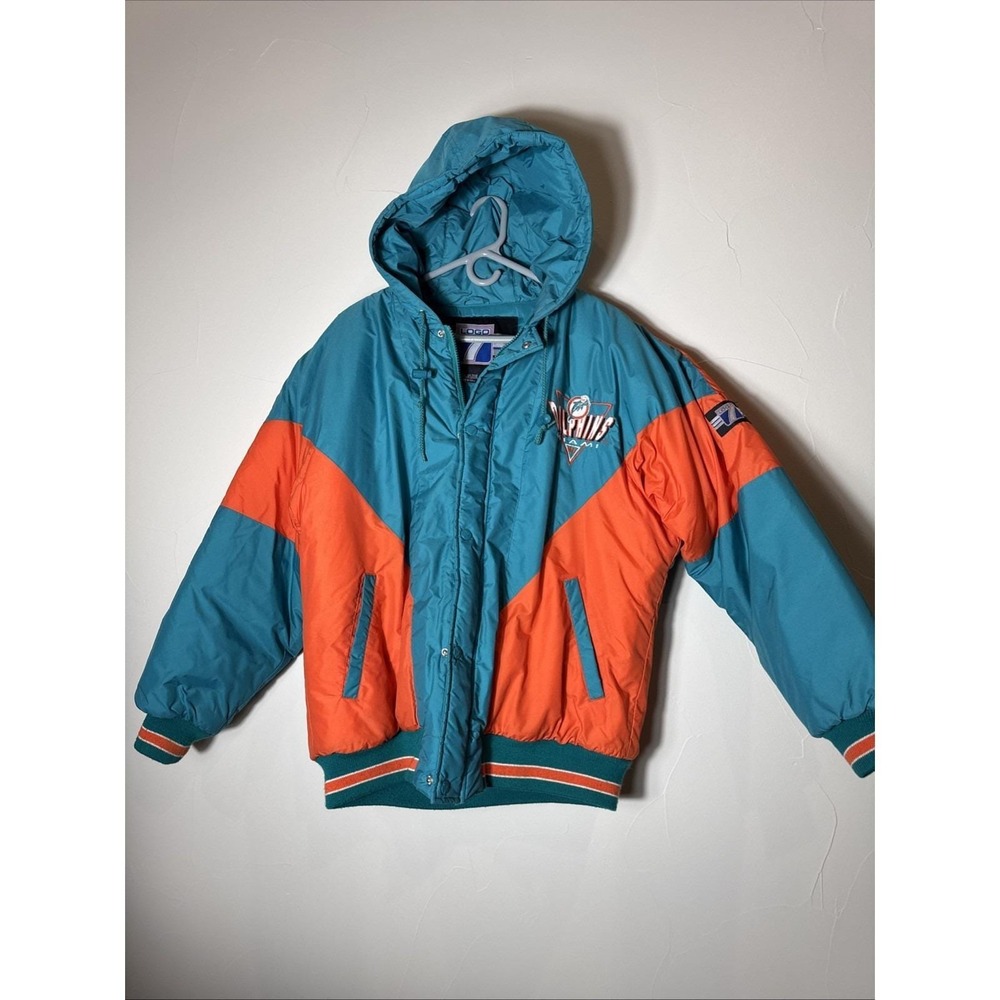 Vintage Logo 7 Mens Blue Miami Dolphins Football Puffer Jacket Size L